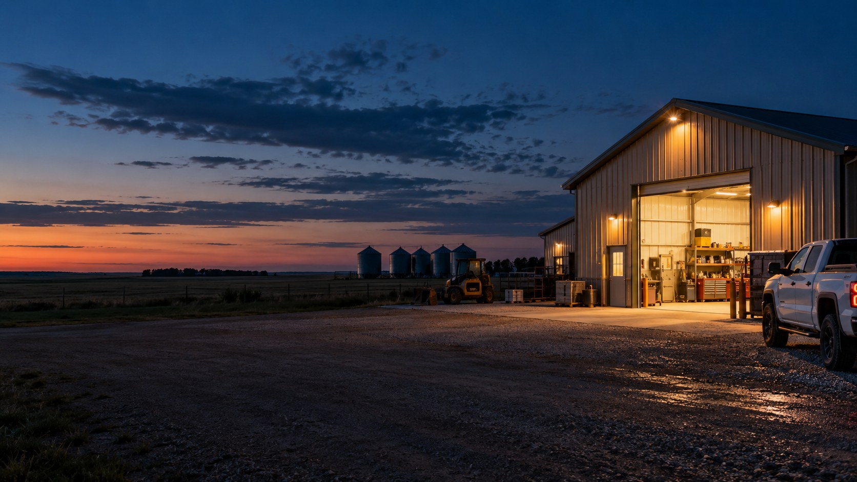 Illustrative illuminated rural workshop at dusk; not a JR Electric & Repair project